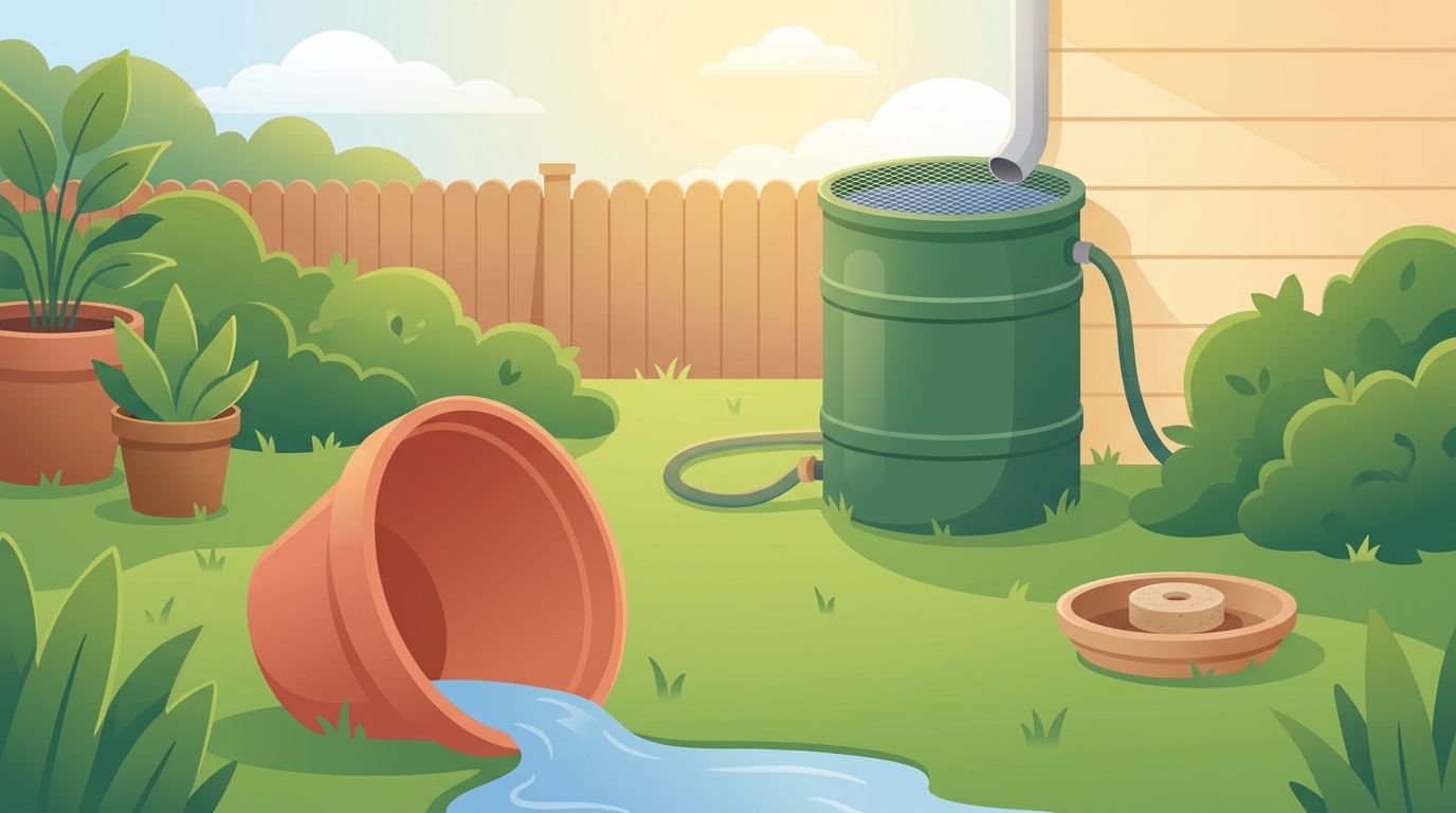 Backyard mosquito prevention: tipping out a plant saucer, screening a rain barrel, and using a mosquito dunk