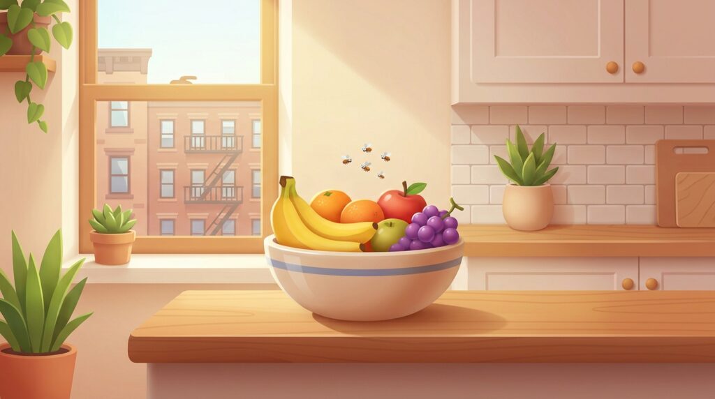 Fruit flies hovering over a fruit bowl in a New York City apartment kitchen