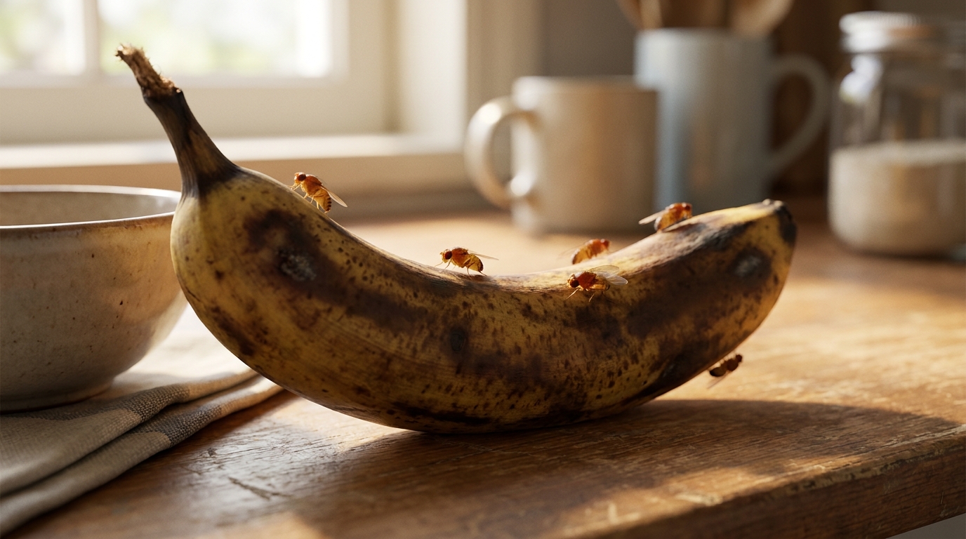 Fruit flies on an overripe banana, the breeding source in a NYC kitchen