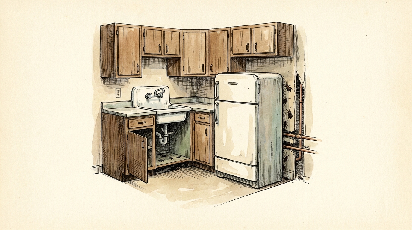 A cutaway of German cockroach harborage behind the refrigerator and under the sink in a pre-war Queens apartment