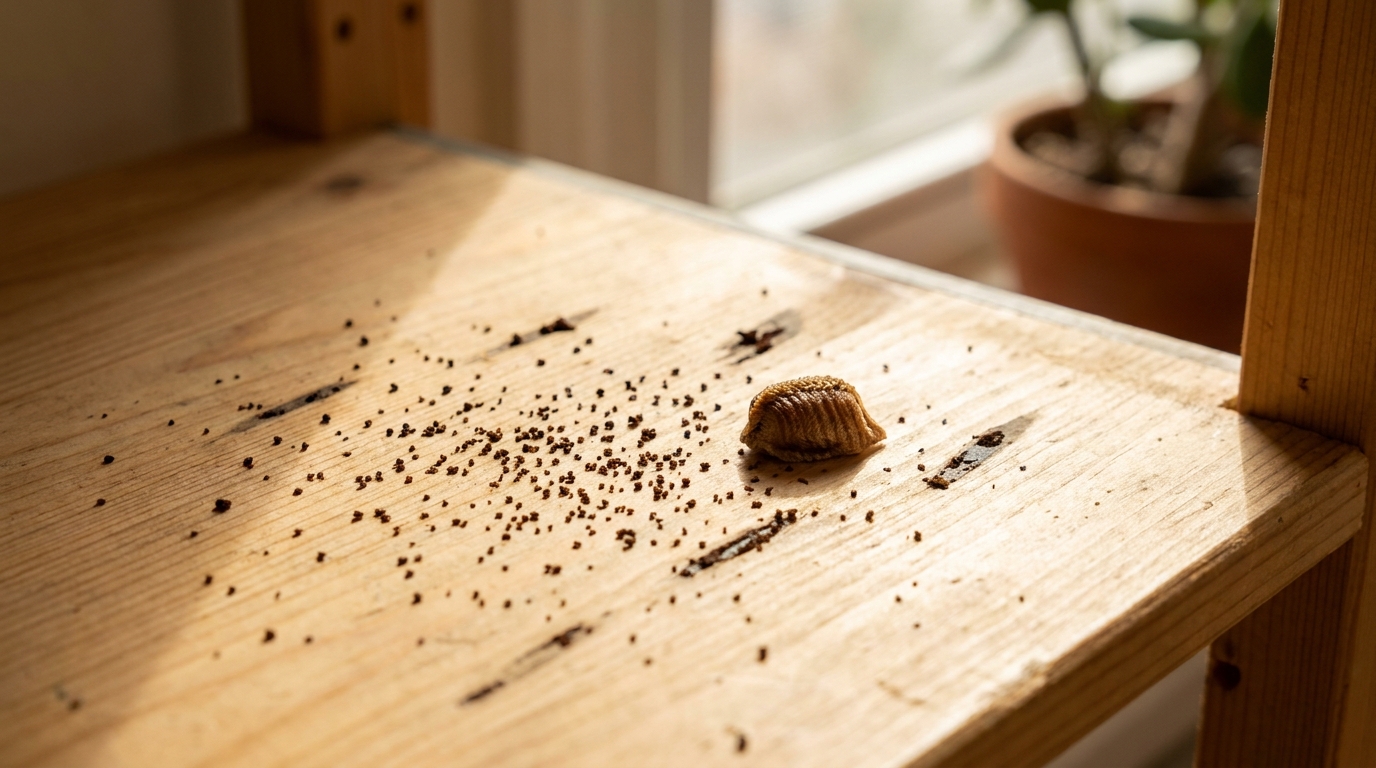 German cockroach signs, coffee-ground droppings, an egg case, and smear marks on a Queens apartment surface