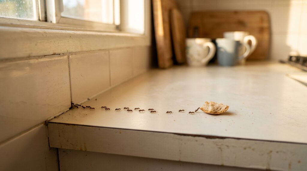 A sudden trail of scout ants crossing a NYC apartment kitchen counter from a wall crack