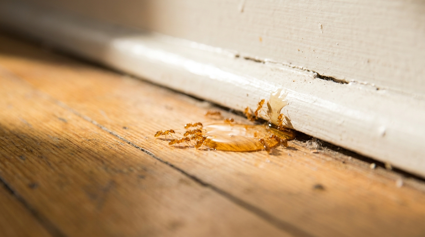 Sugar ants clustered at a spill beside a NYC apartment baseboard gap