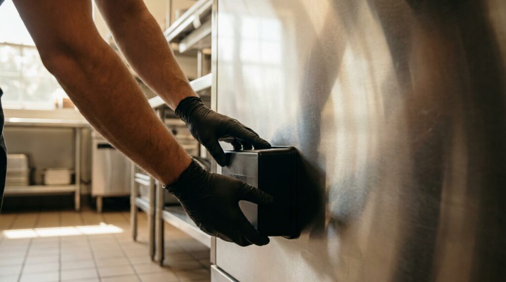 A gloved commercial pest control technician placing a monitoring station in a NYC restaurant kitchen