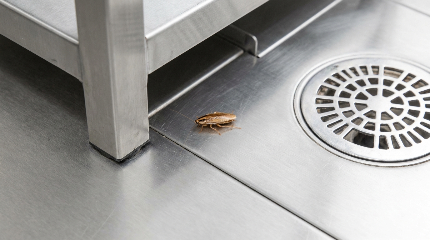 A German cockroach on a stainless commercial kitchen floor near a drain, the health-code pest risk commercial pest control prevents