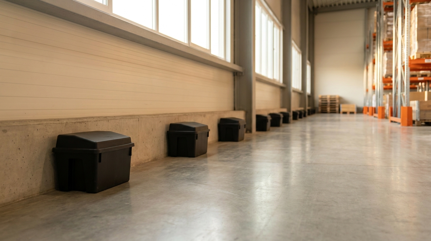 A row of tamper-resistant rodent bait stations along a commercial warehouse perimeter wall