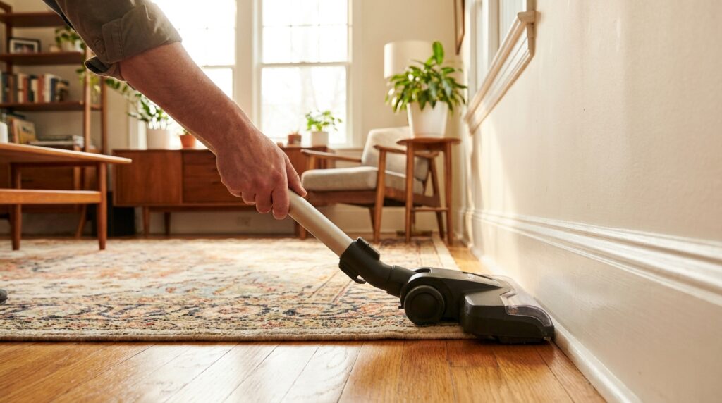 Vacuuming the carpet edge along the baseboard of a pet-free NYC apartment to remove fleas