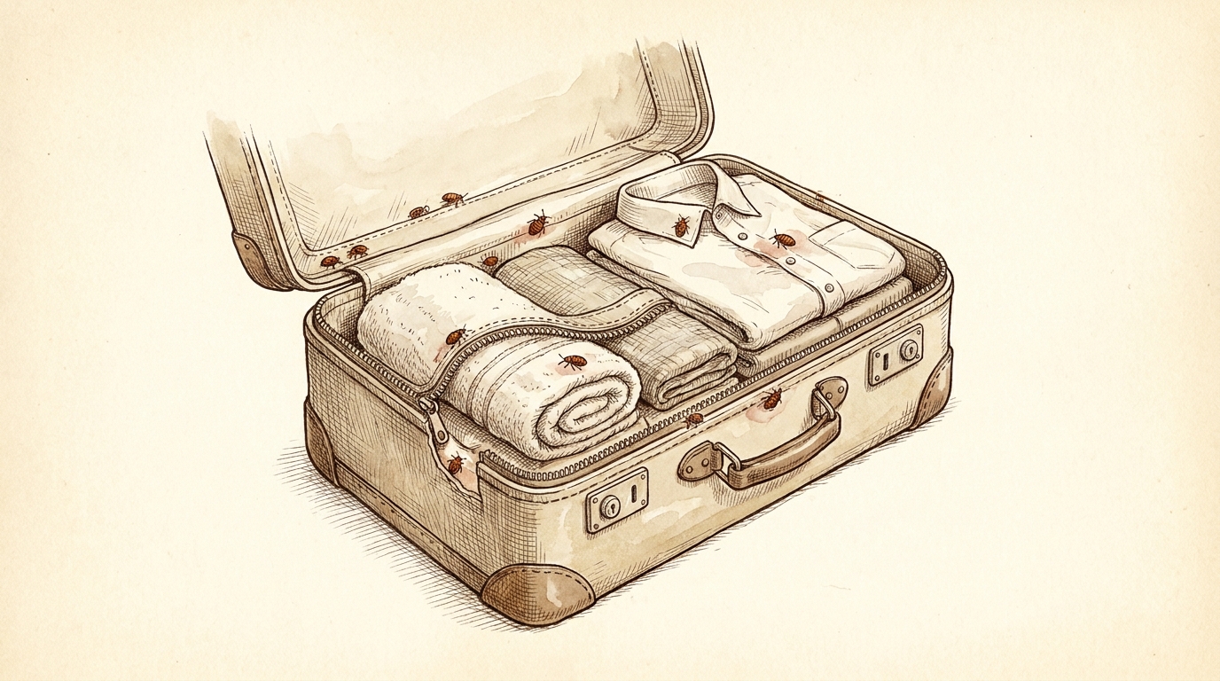 A cutaway of a suitcase seam and folded clothes showing where bed bugs hitchhike home after travel