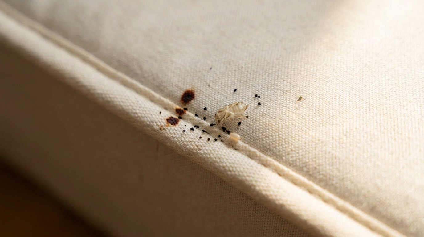 Bed bug signs on a mattress seam: rusty blood spots, dark fecal marks, a shed skin, and an egg