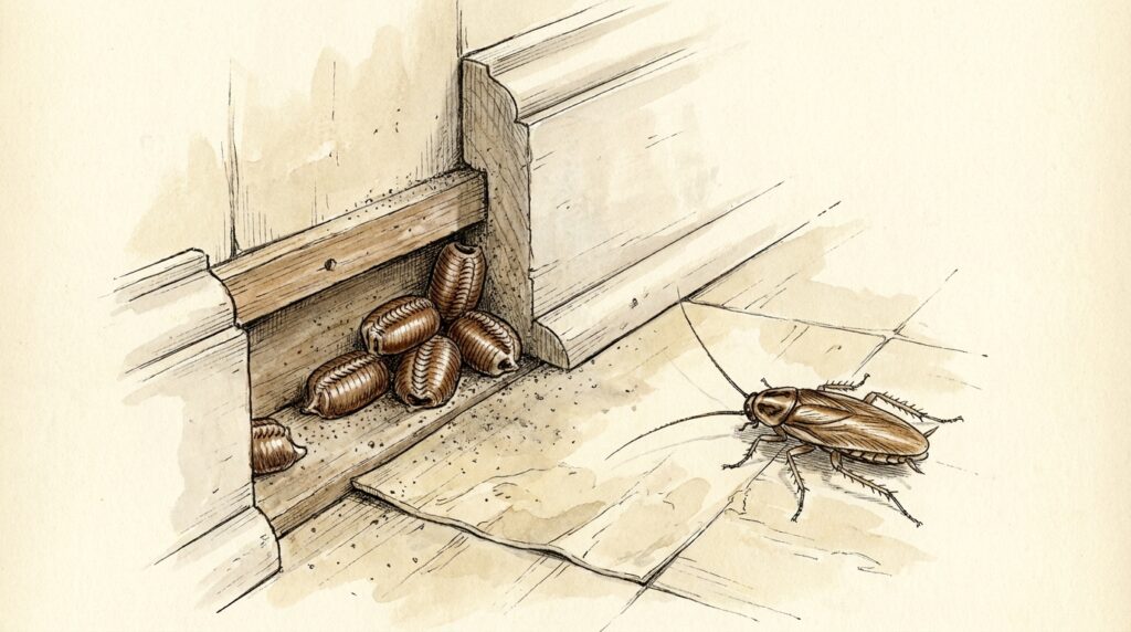 Illustration of cockroach egg cases behind a NYC apartment baseboard