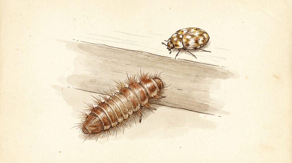 Illustration comparing an adult carpet beetle and a bristly carpet beetle larva