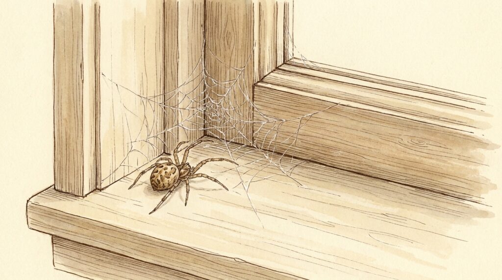 Field-guide illustration of a common house spider on a windowsill web