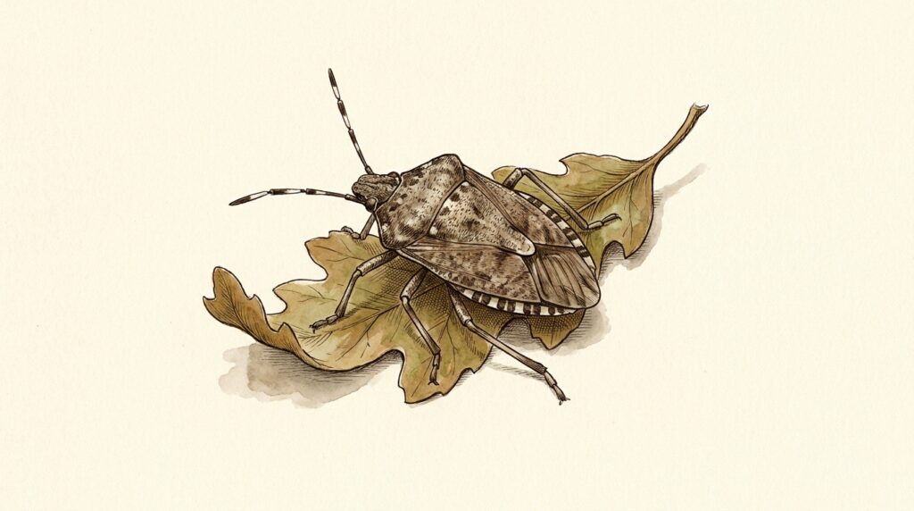 Illustration of a brown marmorated stink bug on an oak leaf