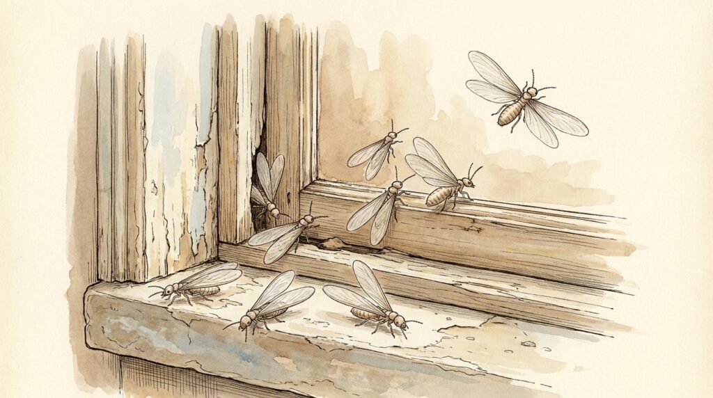 Illustration of flying termite swarmers at a NYC apartment window
