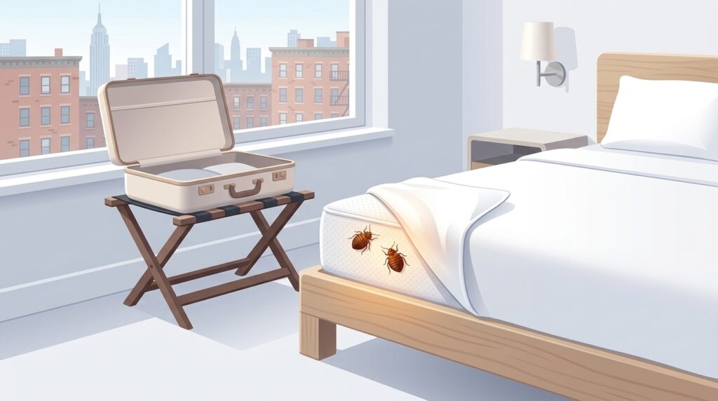 Illustration of inspecting a hotel mattress seam for bed bugs in NYC