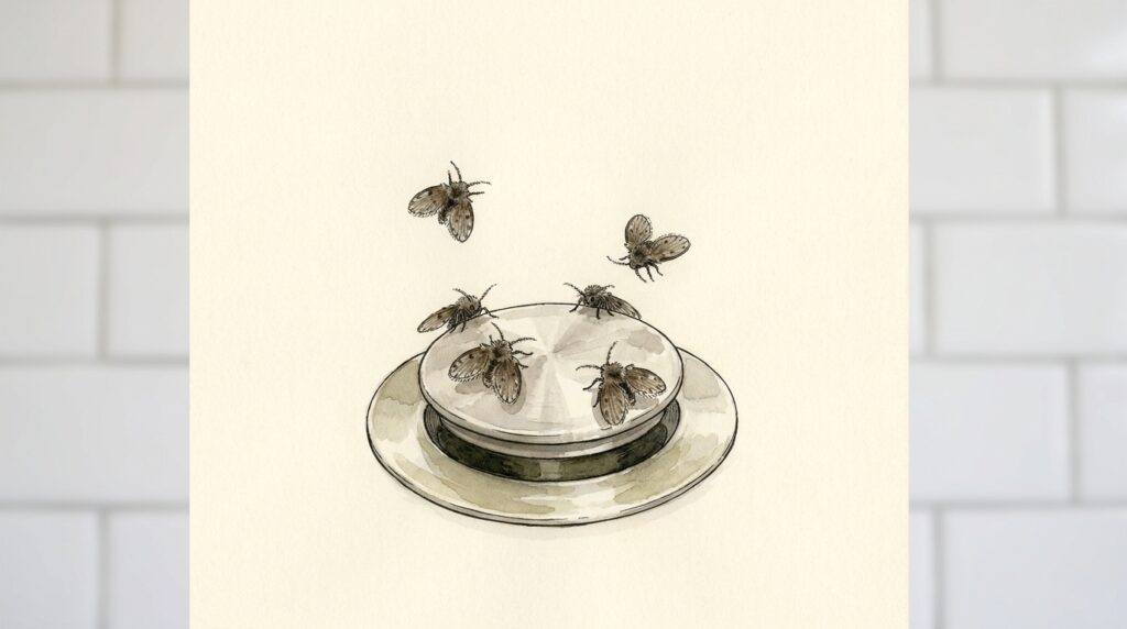 Illustration of drain flies near a sink drain in a NYC apartment