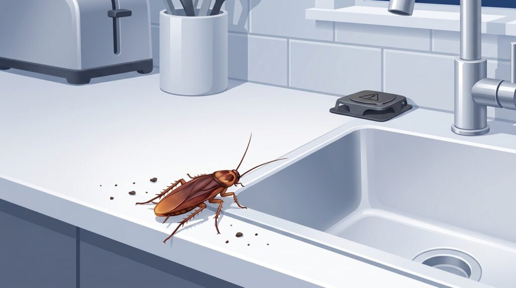 Illustration of a cockroach and a bait station in a NYC kitchen