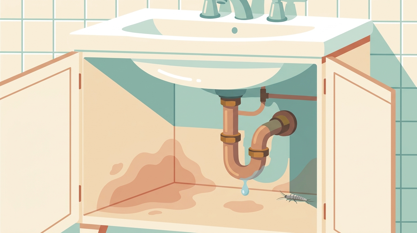 Illustration of a damp under-sink cabinet in a pre-war NYC bathroom with an old copper pipe joint and a small silverfish near the moisture-stained corner