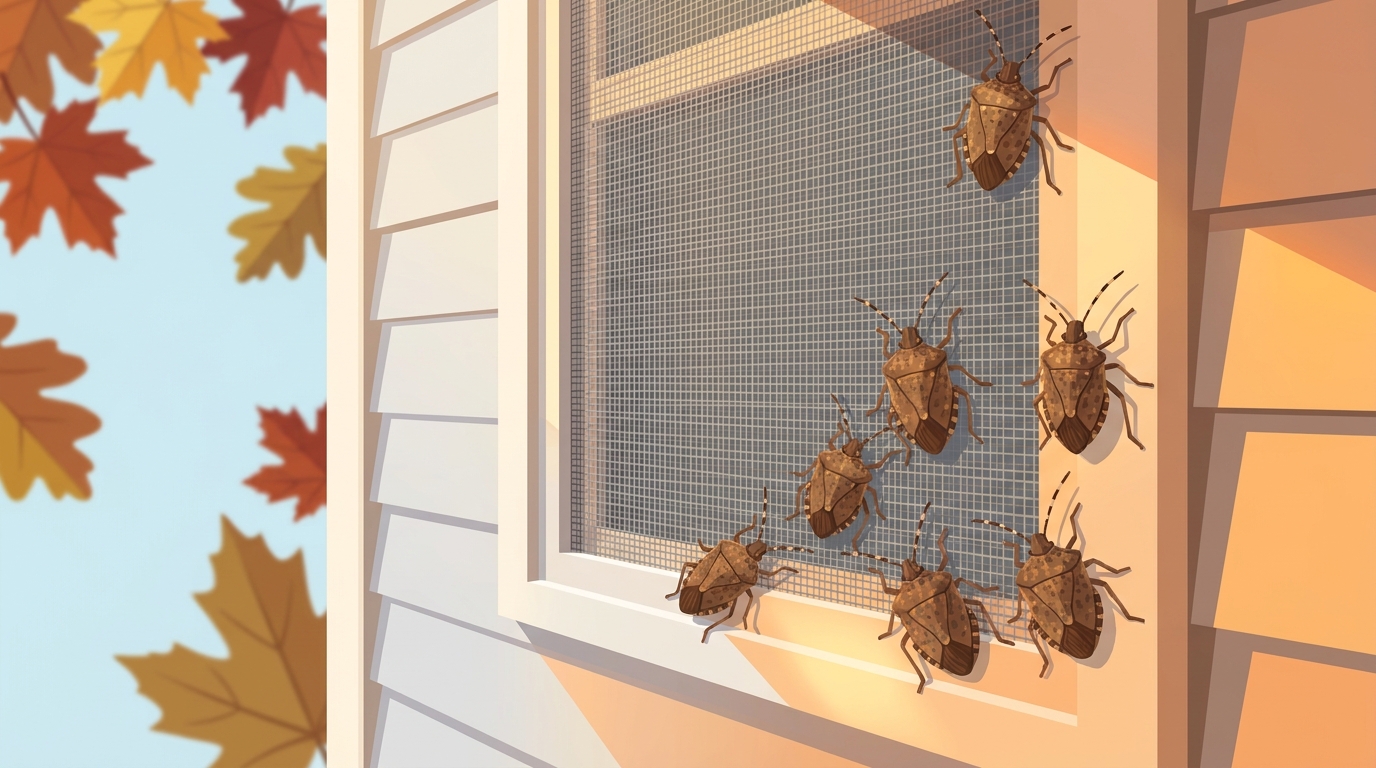 Brown marmorated stink bugs clustered on a sunny suburban window screen in autumn
