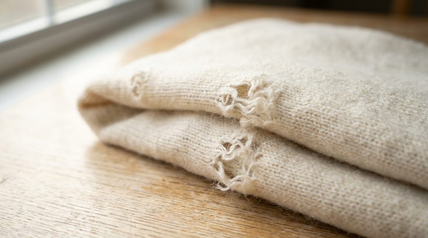 Close-up of small irregular holes and thinning patches chewed through a folded wool sweater by carpet beetle larvae