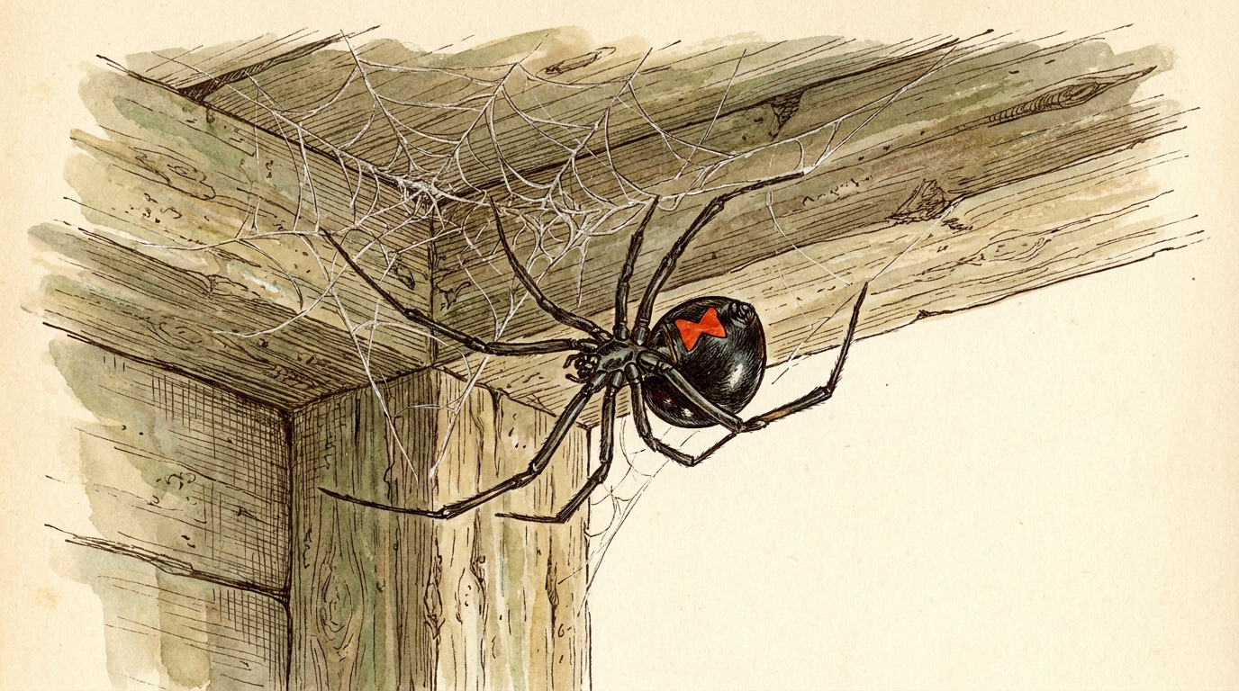 Field-guide style illustration of a black widow spider showing its shiny black body and red hourglass marking