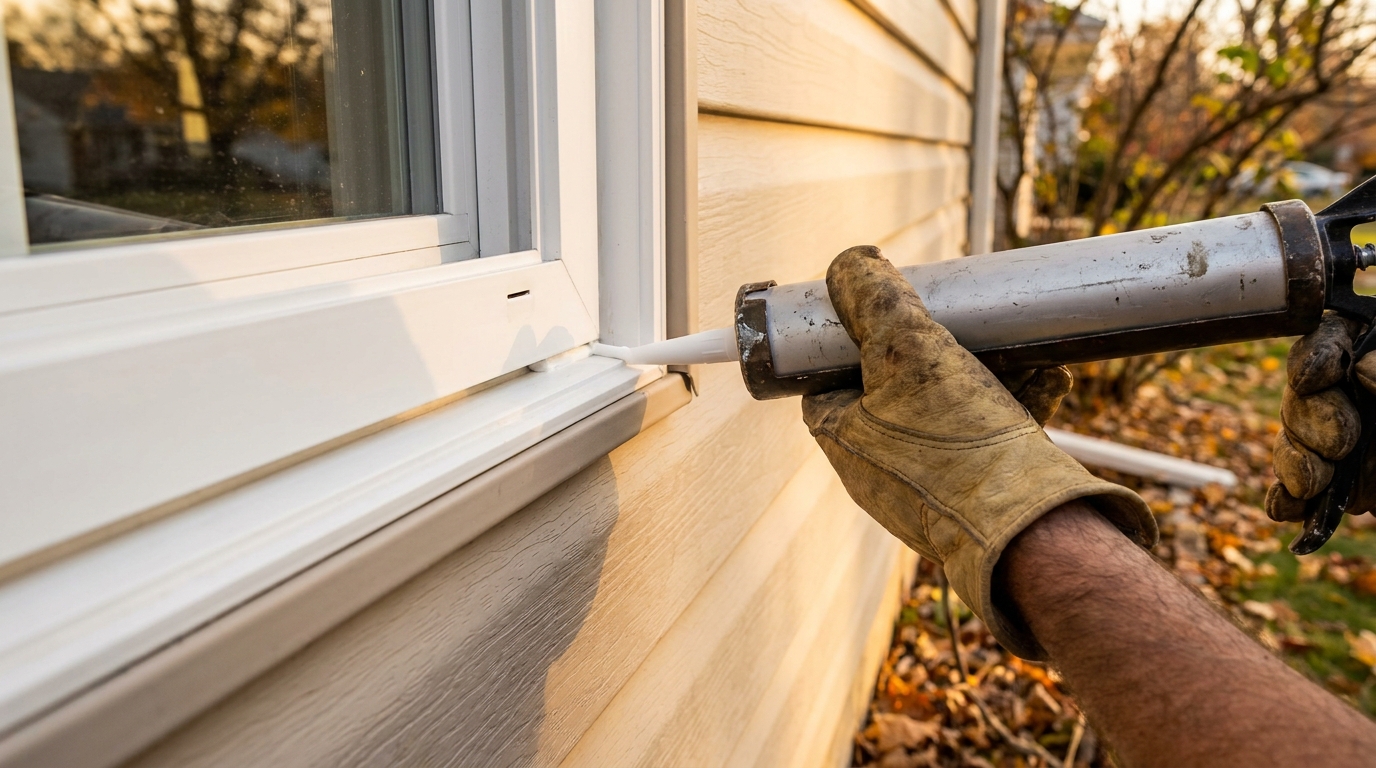 Gloved hand applying caulk to seal a window gap against fall stink bug entry