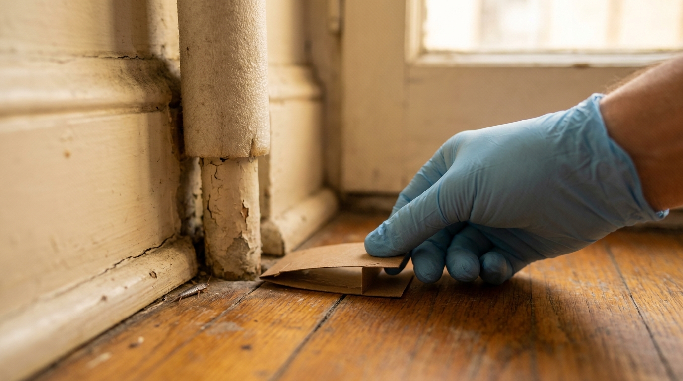 A gloved hand placing a cardboard glue sticky trap along a baseboard near a radiator pipe in an NYC apartment hallway, with a small silverfish nearby