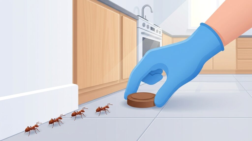 Illustration of a pest technician placing an ant bait station in a NYC kitchen