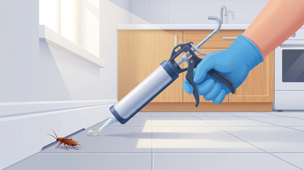 Illustration of a pest technician applying cockroach gel bait in a NYC kitchen