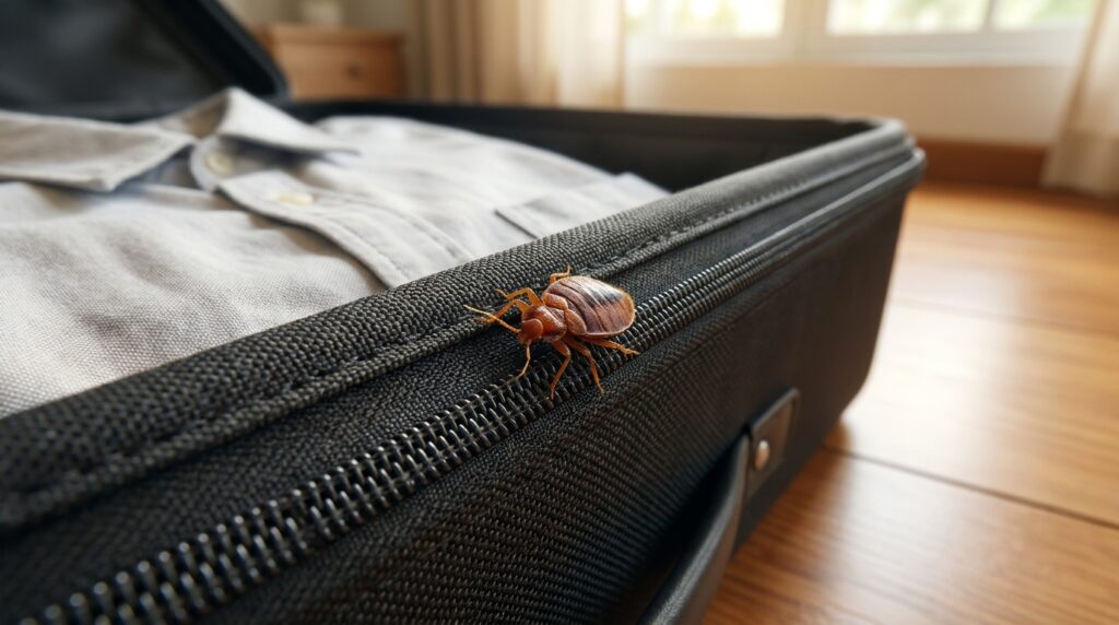 Photoreal close-up of a bed bug on a suitcase zipper seam, a hitchhiker brought home from travel