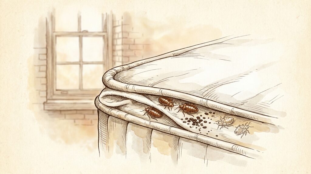 Illustrated signs of bed bugs on a mattress seam in a NYC apartment