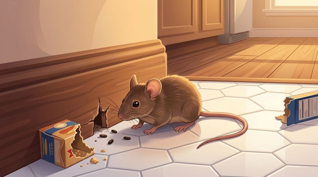 Illustration of a house mouse by a baseboard gap in a NYC kitchen