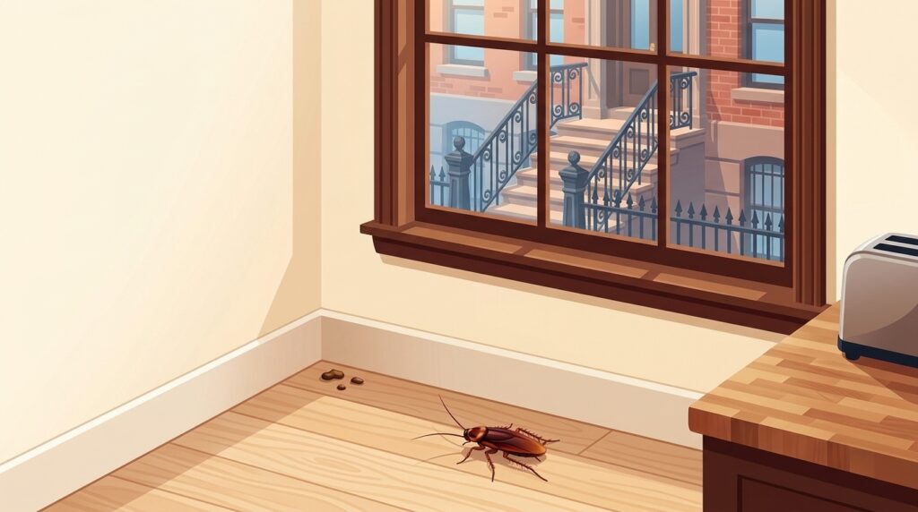 Illustration of a cockroach near the baseboard in a Brooklyn apartment