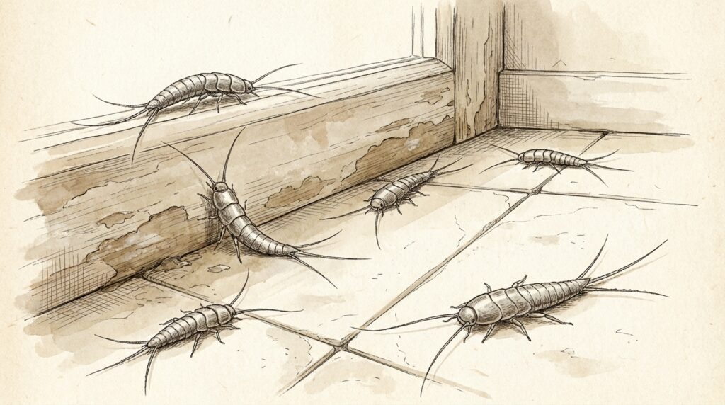 Illustration of silverfish on a damp bathroom baseboard in a NYC apartment