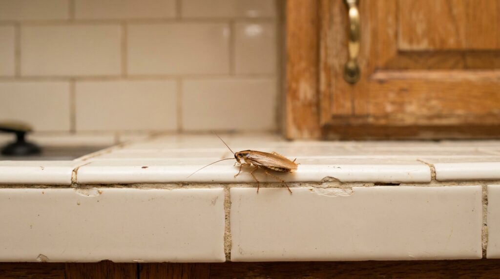 Photoreal close-up of a German cockroach on a worn pre-war Queens apartment kitchen counter
