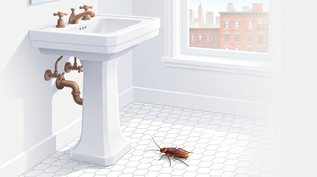 Illustration of a water bug near a sink in a NYC apartment