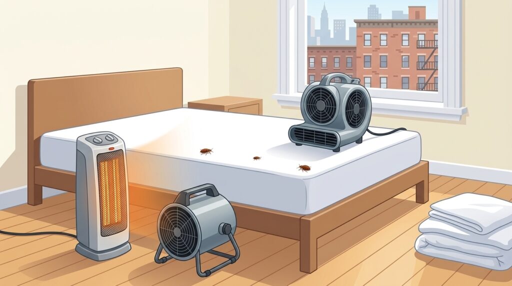 Illustration of a bed bug heat treatment setup in a NYC bedroom