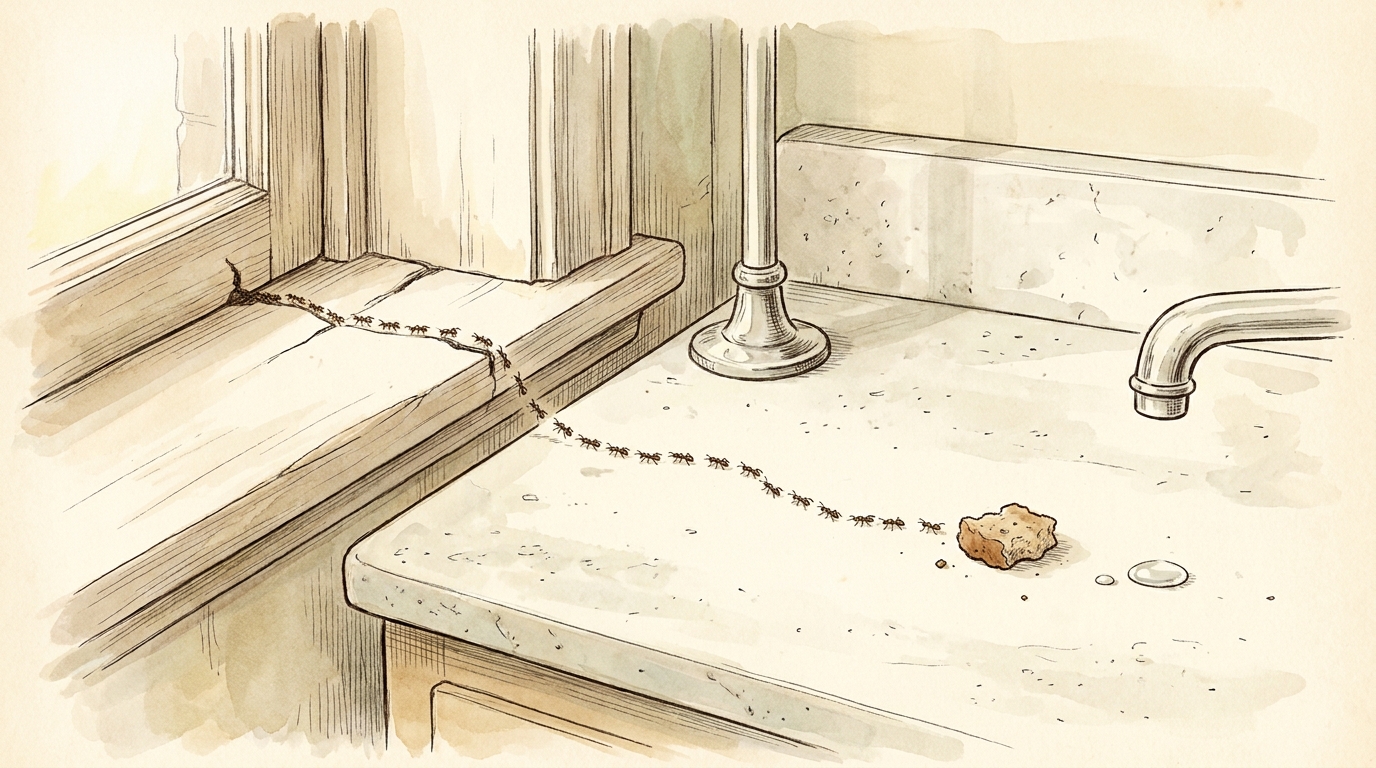 A fine ant trail crossing a NYC apartment kitchen counter from a window crack to a crumb