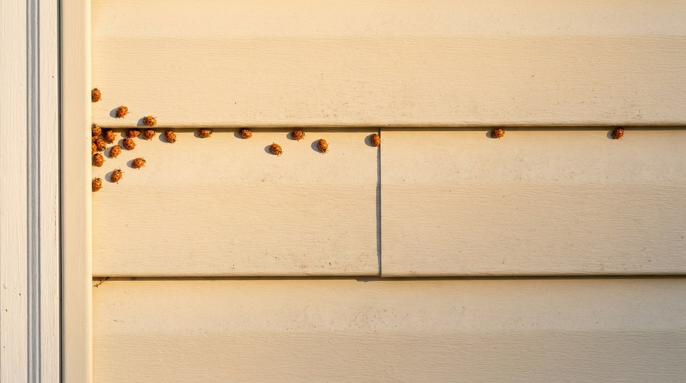 Orange Asian lady beetles clustered on sunlit cream siding, densest along the edge where the white window trim meets the siding