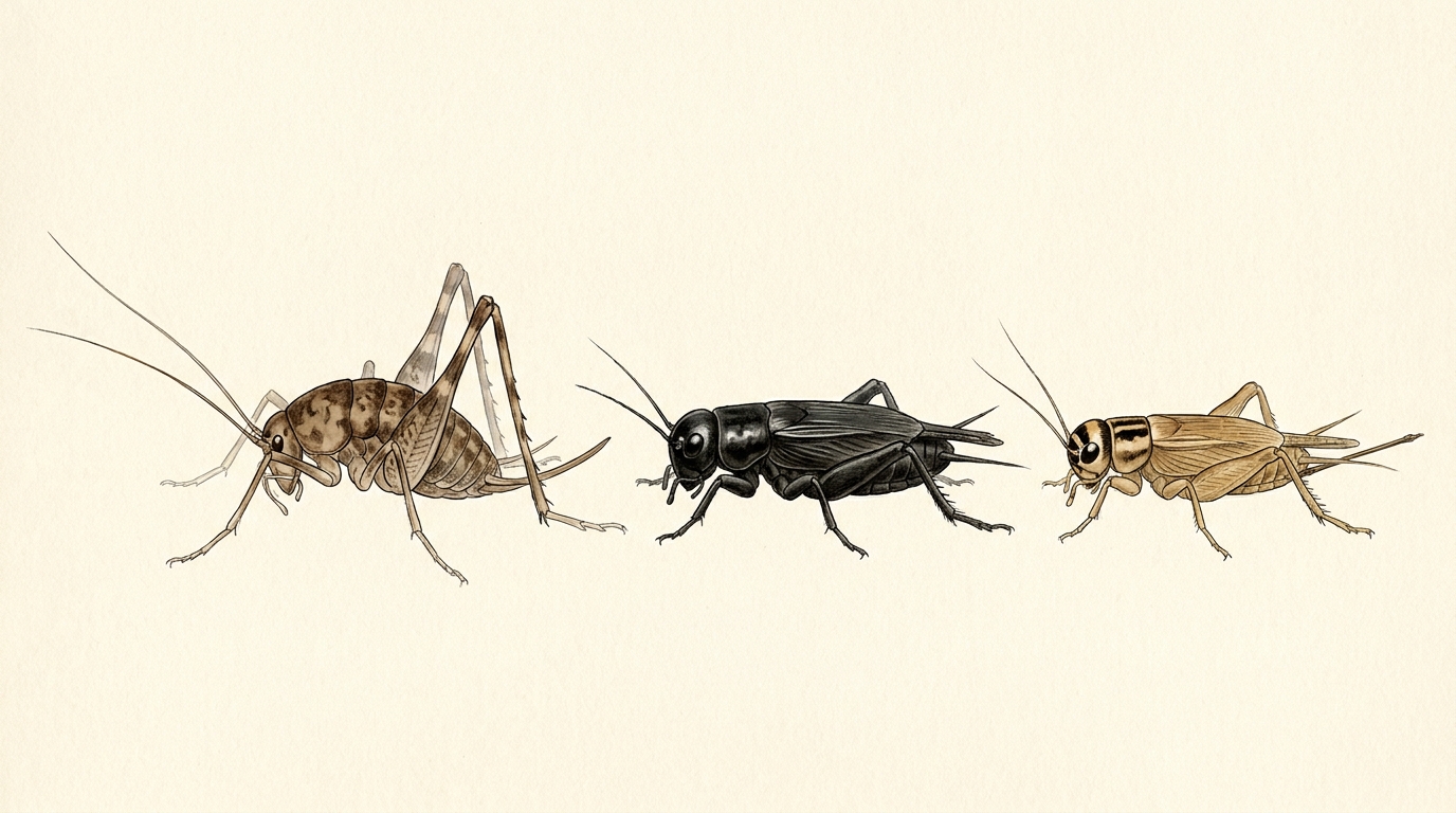 Field guide illustration comparing three crickets side by side: a wingless humpbacked camel cricket with very long legs, a glossy black winged field cricket, and a light brown house cricket with three dark bands across its head