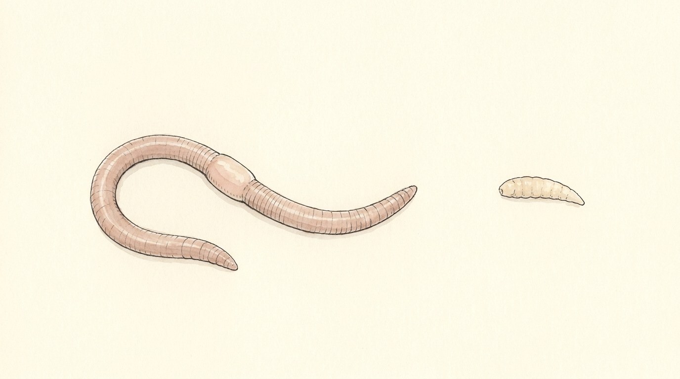 Field guide illustration of an earthworm beside a much smaller pale legless cluster fly larva on plain cream paper