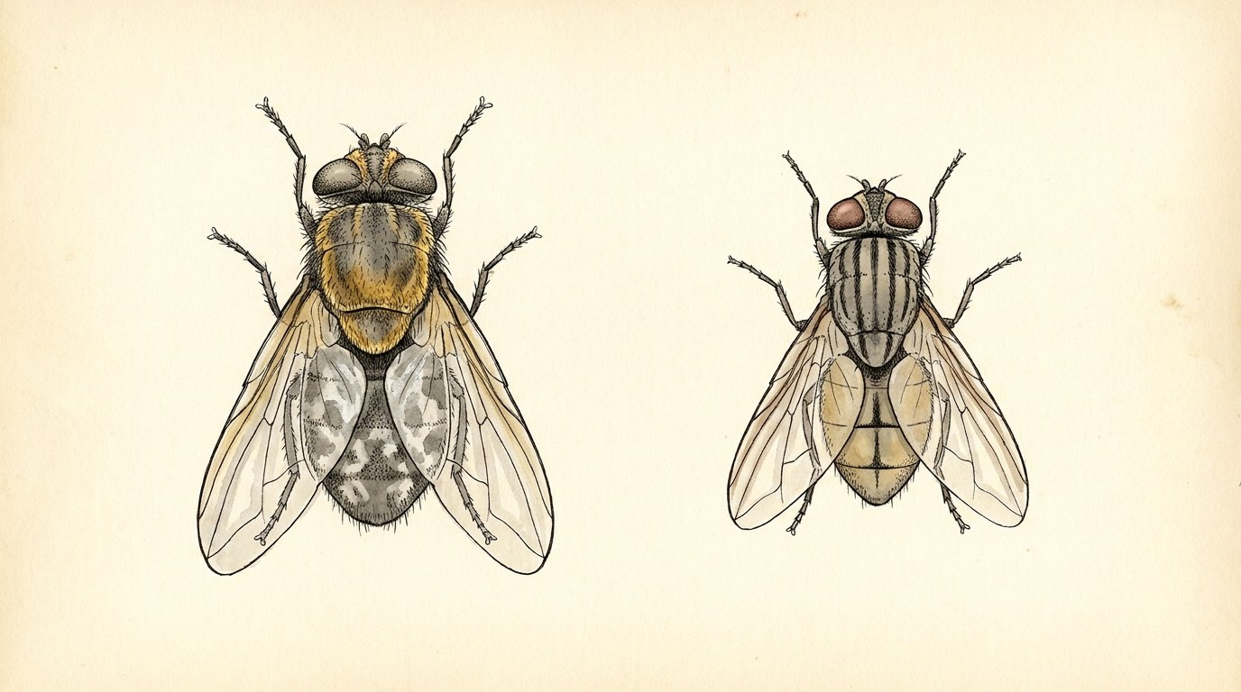Field guide illustration comparing a cluster fly with golden thoracic hairs and overlapping wingtips beside a smaller house fly with four dark thoracic stripes and its wings held apart