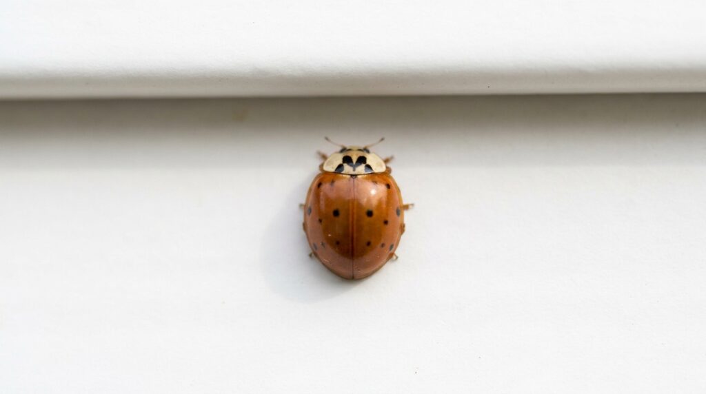 Macro photograph of a single orange Asian lady beetle seen from directly above on a smooth white painted surface, the cream shield behind its head carrying a dark M-shaped marking