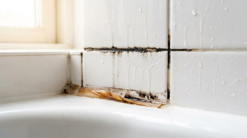 Blackened mildewed grout, condensation running down the tile and discoloured sealant lifting away where a bath rim meets a tiled bathroom wall