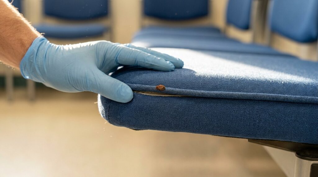 A gloved hand parting the piped seam of a blue upholstered hospital waiting room chair, with a single adult bed bug on the fabric at the seam