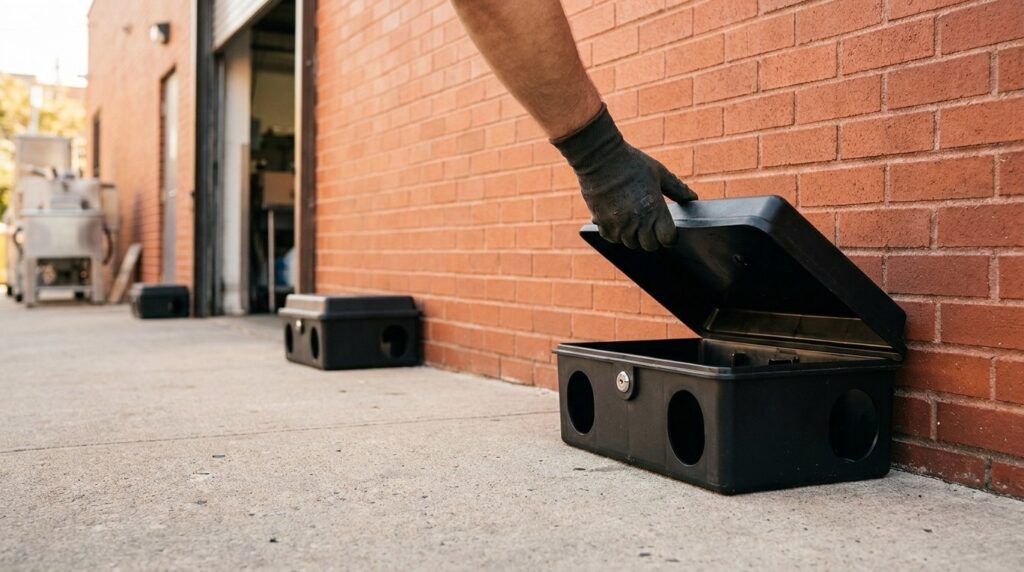 A gloved hand holding open the hinged lid of a black tamper-resistant bait station at the base of a clean brick wall, with two more stations along the wall line behind