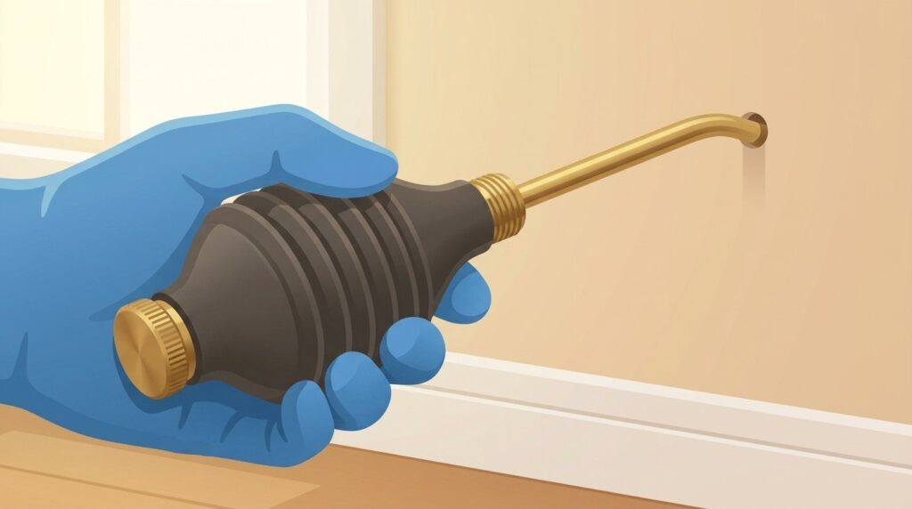 Illustration of a gloved hand holding a rubber bulb duster, its brass extension tube seated in a small drilled hole above the baseboard of an empty apartment