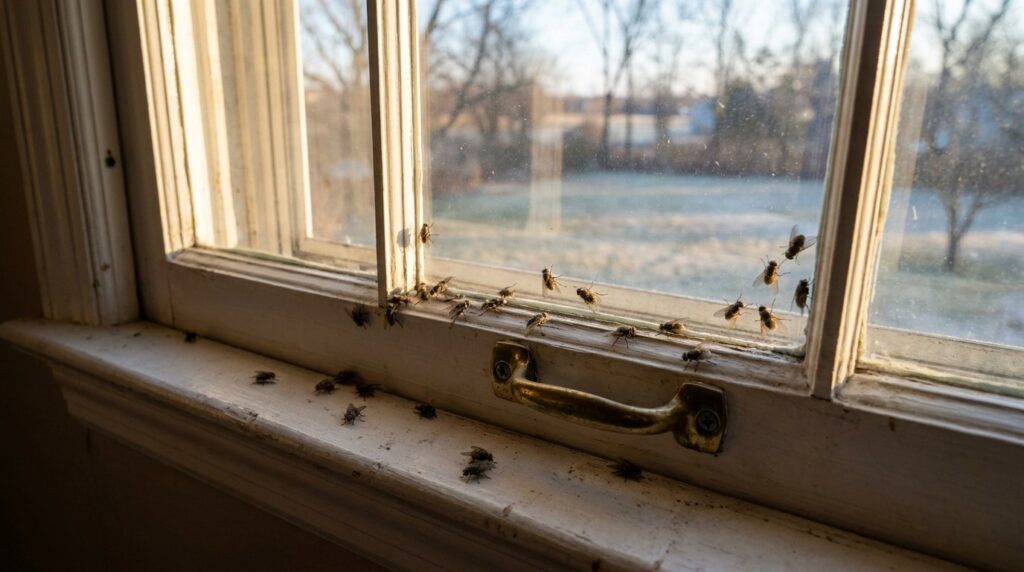 Cluster flies gathered on the sill and sash rail of an old double-hung window in winter, with a bare frosted lawn and leafless trees beyond the glass