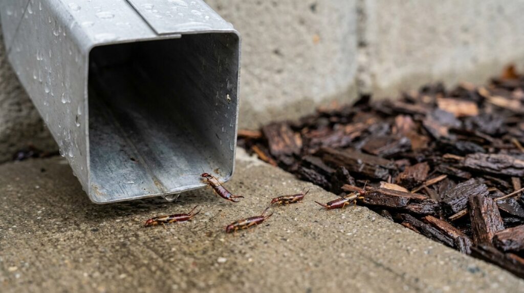 Earwigs crossing wet concrete at the open mouth of an aluminium downspout where it discharges beside rain-soaked bark mulch