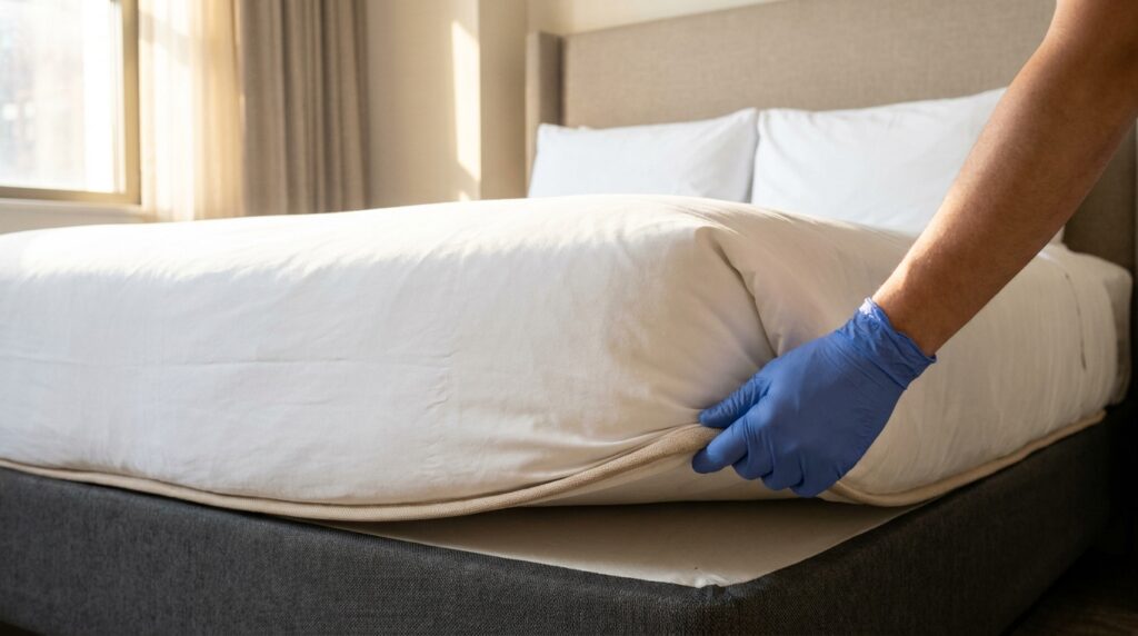 A gloved hand lifting the corner of a hotel mattress to expose the piping seam and the frame edge underneath